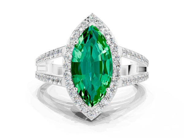 Platinum Marquise Cut Emerald Halo Ring with Split Shank U-Prong Band and Four-Prong Setting
