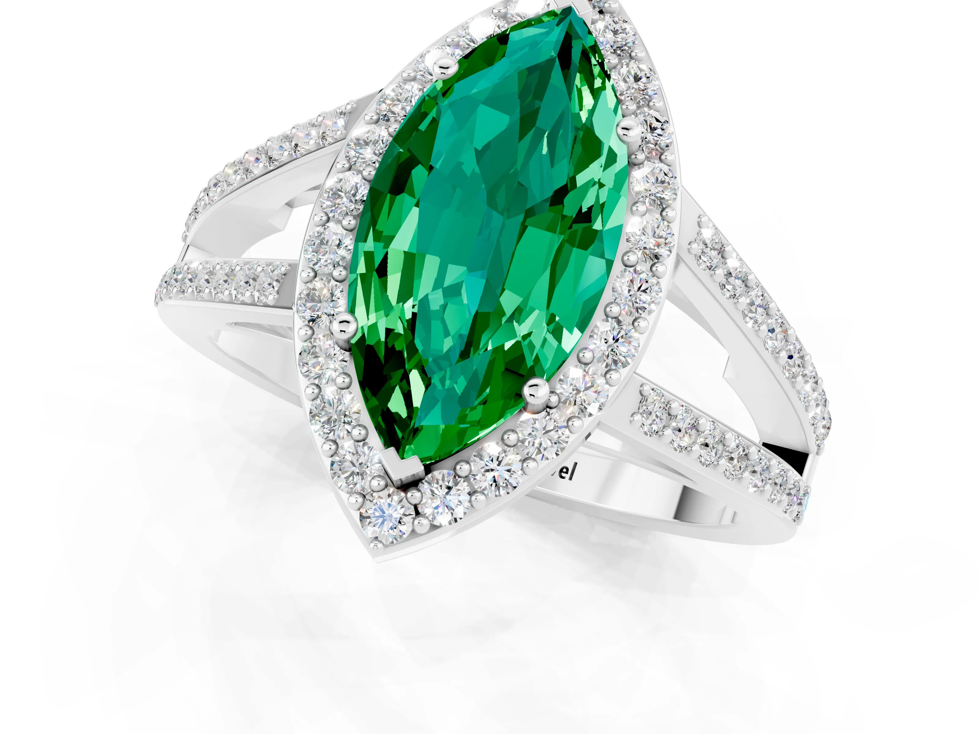 White gold Marquise Cut Emerald Halo Ring with Split Shank U-Prong Band and Four-Prong Setting_1