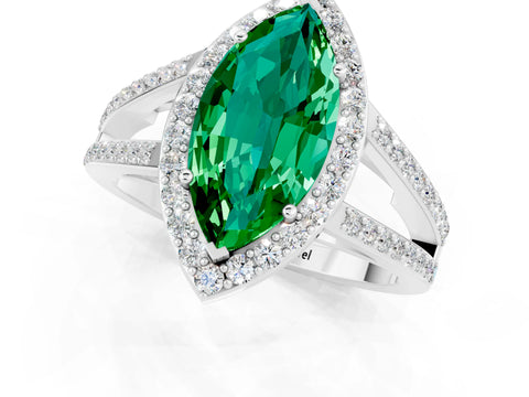 White gold Marquise Cut Emerald Halo Ring with Split Shank U-Prong Band and Four-Prong Setting_1