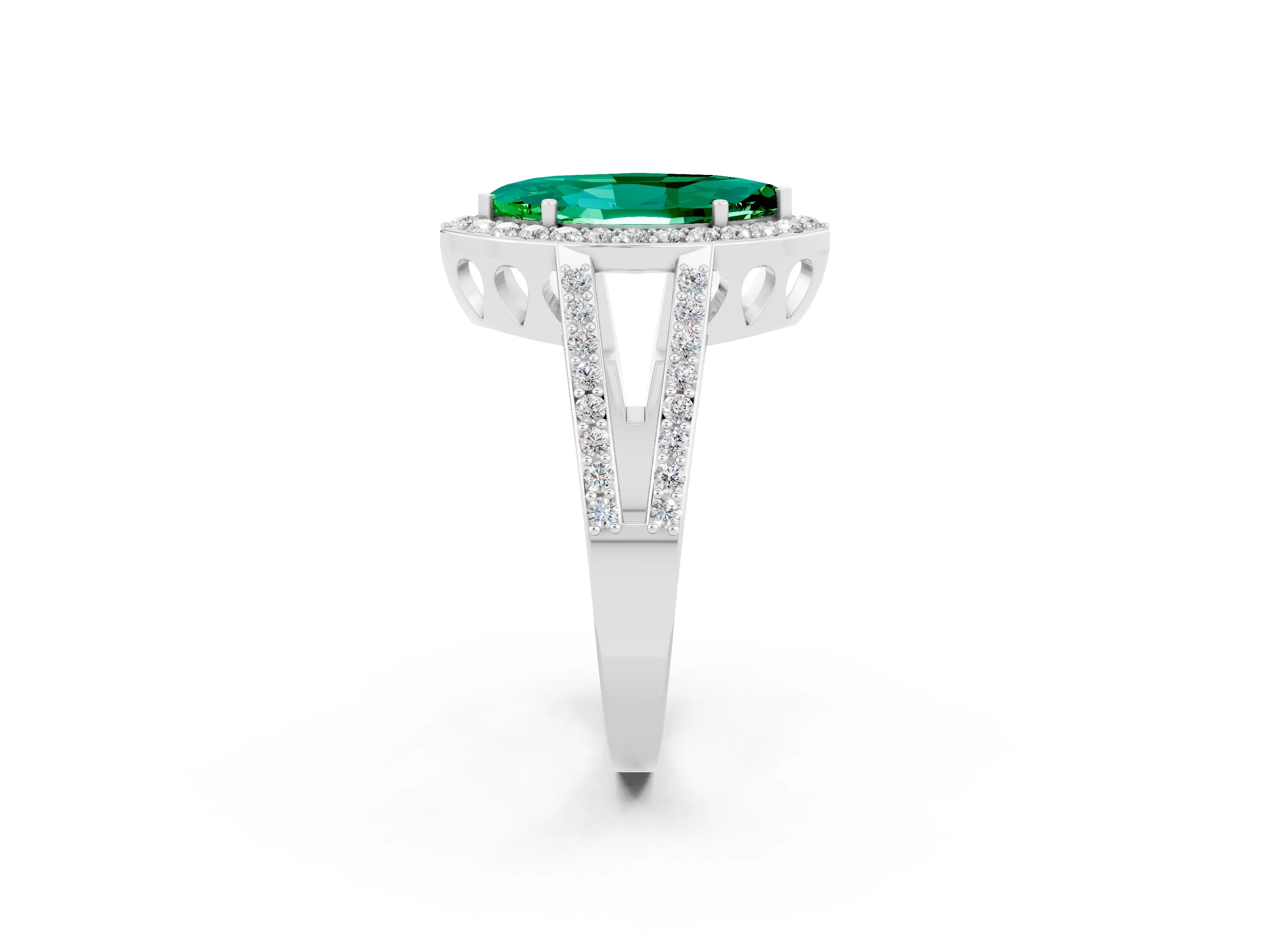 White gold Marquise Cut Emerald Halo Ring with Split Shank U-Prong Band and Four-Prong Setting_2
