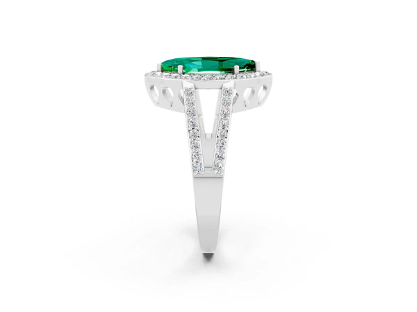 Platinum Marquise Cut Emerald Halo Ring with Split Shank U-Prong Band and Four-Prong Setting