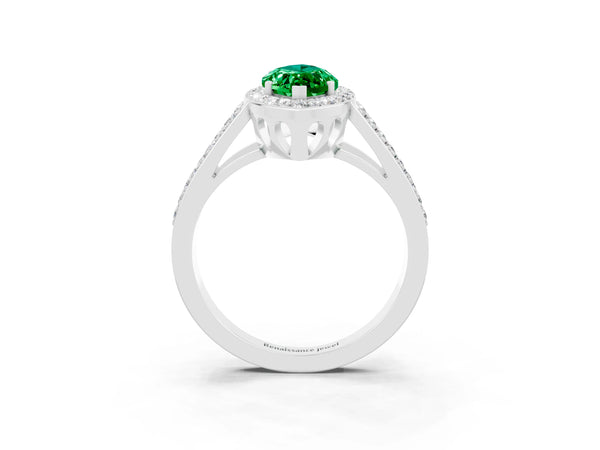 White gold Marquise Cut Emerald Halo Ring with Split Shank U-Prong Band and Four-Prong Setting
