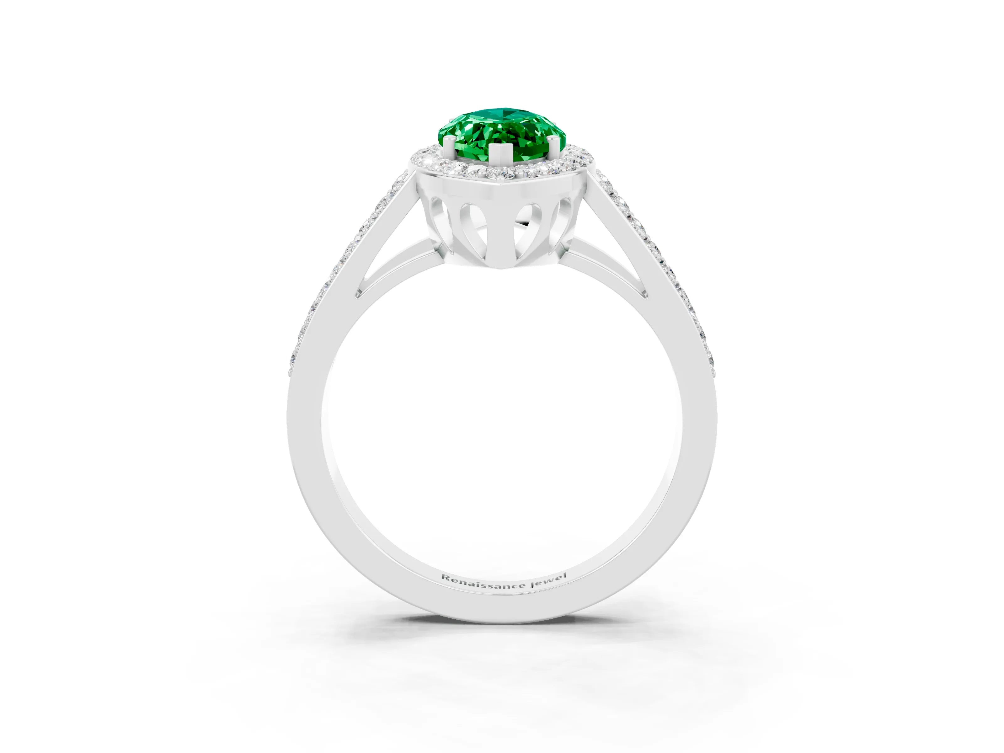 White gold Marquise Cut Emerald Halo Ring with Split Shank U-Prong Band and Four-Prong Setting_3