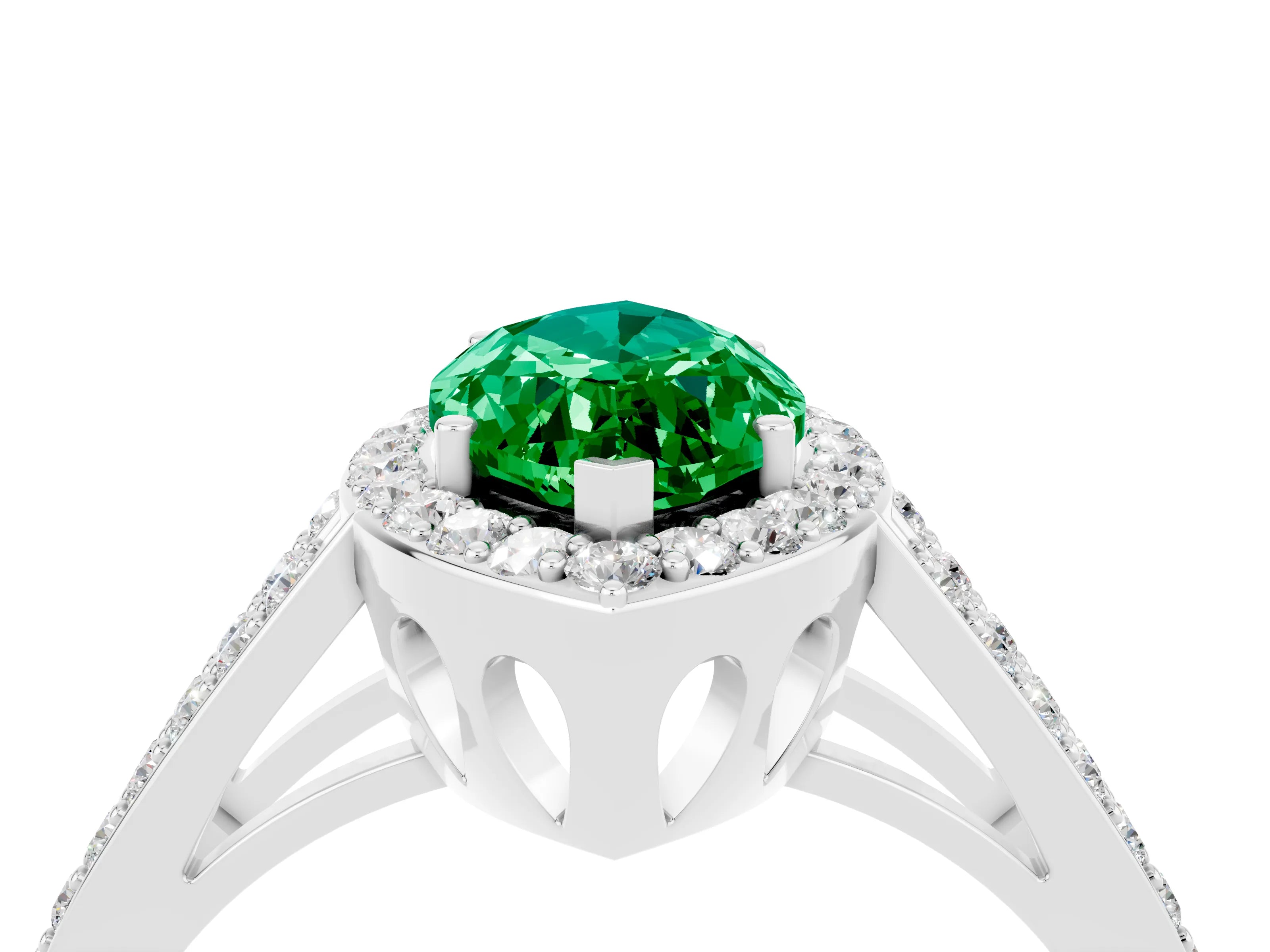 White gold Marquise Cut Emerald Halo Ring with Split Shank U-Prong Band and Four-Prong Setting_4