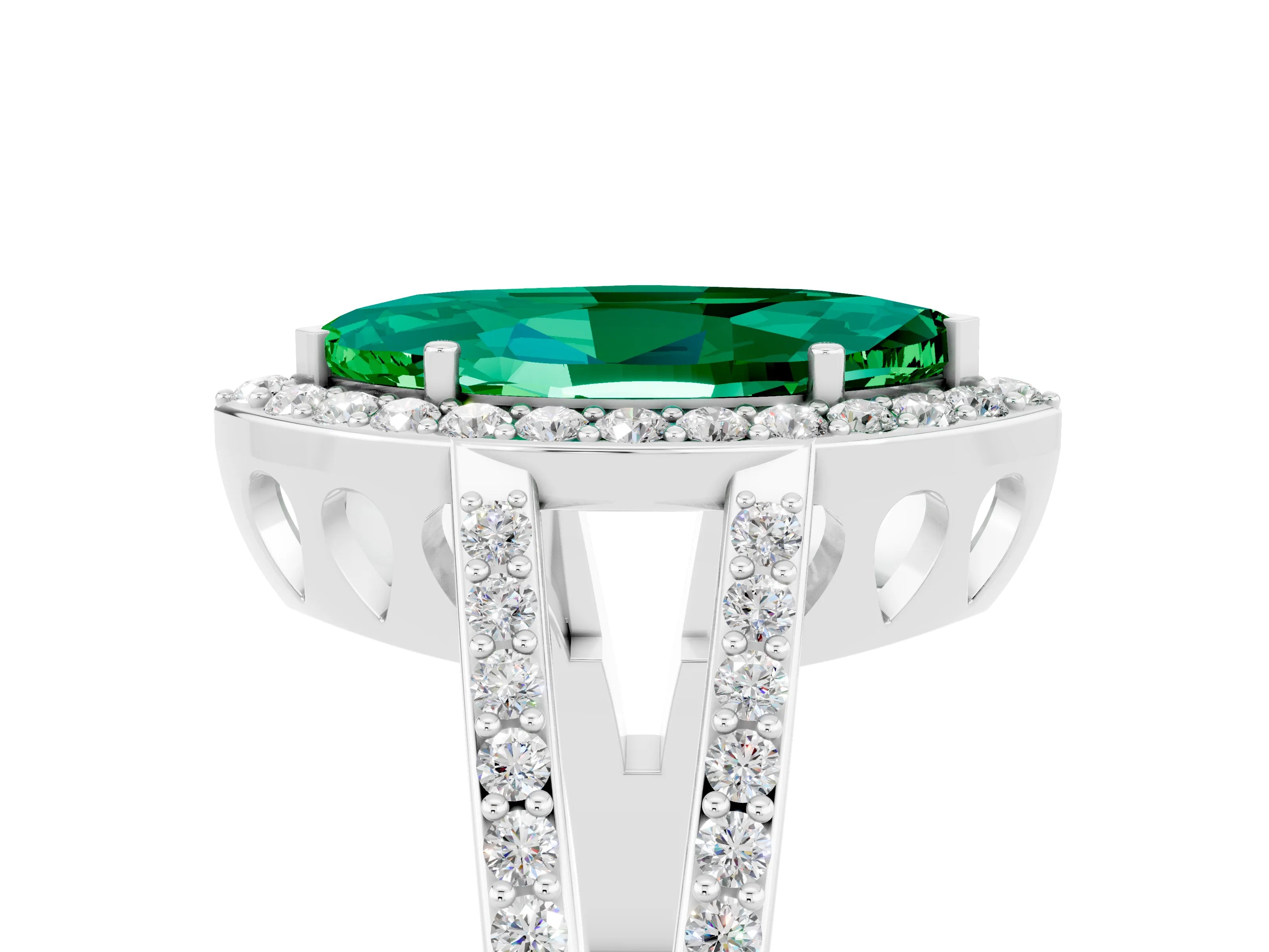 White gold Marquise Cut Emerald Halo Ring with Split Shank U-Prong Band and Four-Prong Setting_5