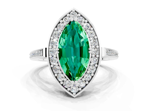 Platinum Marquise Cut Emerald Halo Ring with Split Shank and Four-Prong Setting