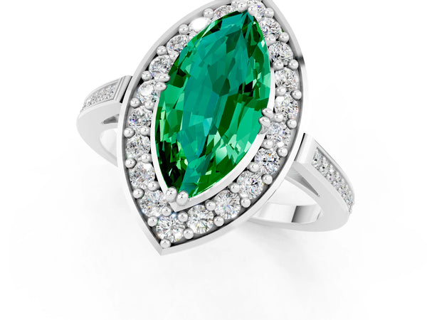 Platinum Marquise Cut Emerald Halo Ring with Split Shank and Four-Prong Setting