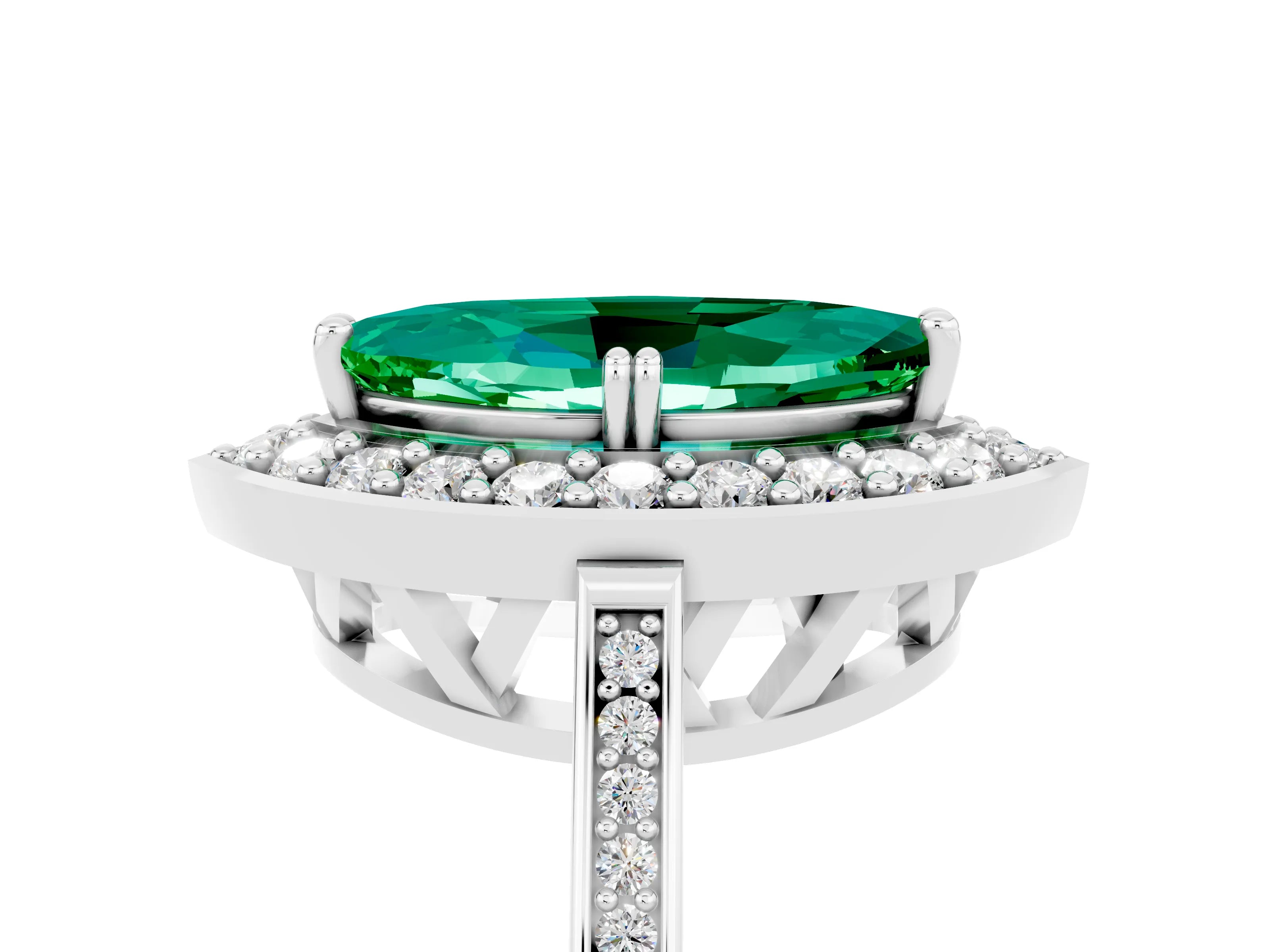 White gold Marquise Cut Emerald Halo Ring with Split Shank and Four-Prong Setting_17