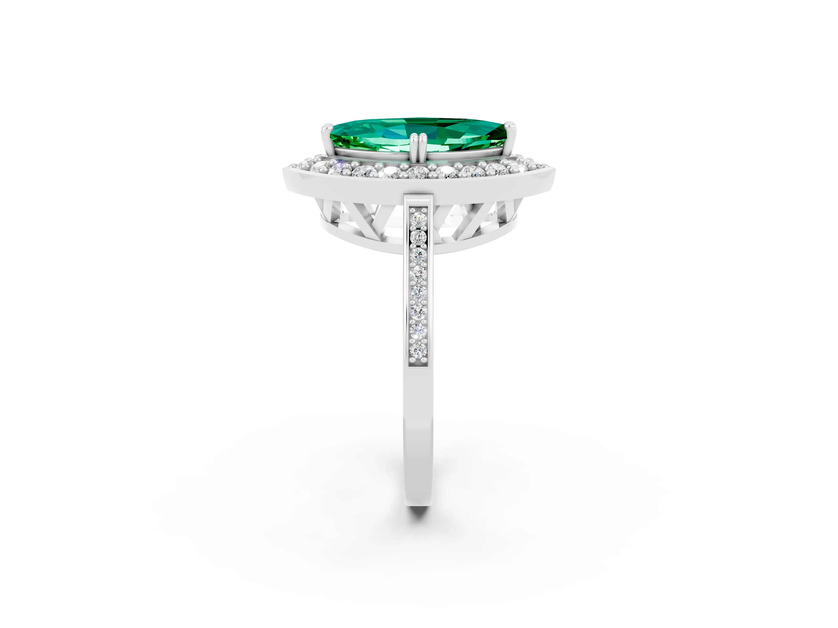 White gold Marquise Cut Emerald Halo Ring with Split Shank and Four-Prong Setting_2