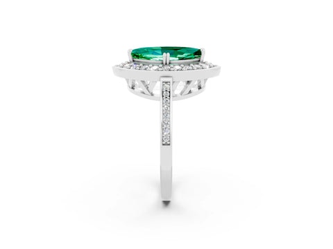 White gold Marquise Cut Emerald Halo Ring with Split Shank and Four-Prong Setting_2