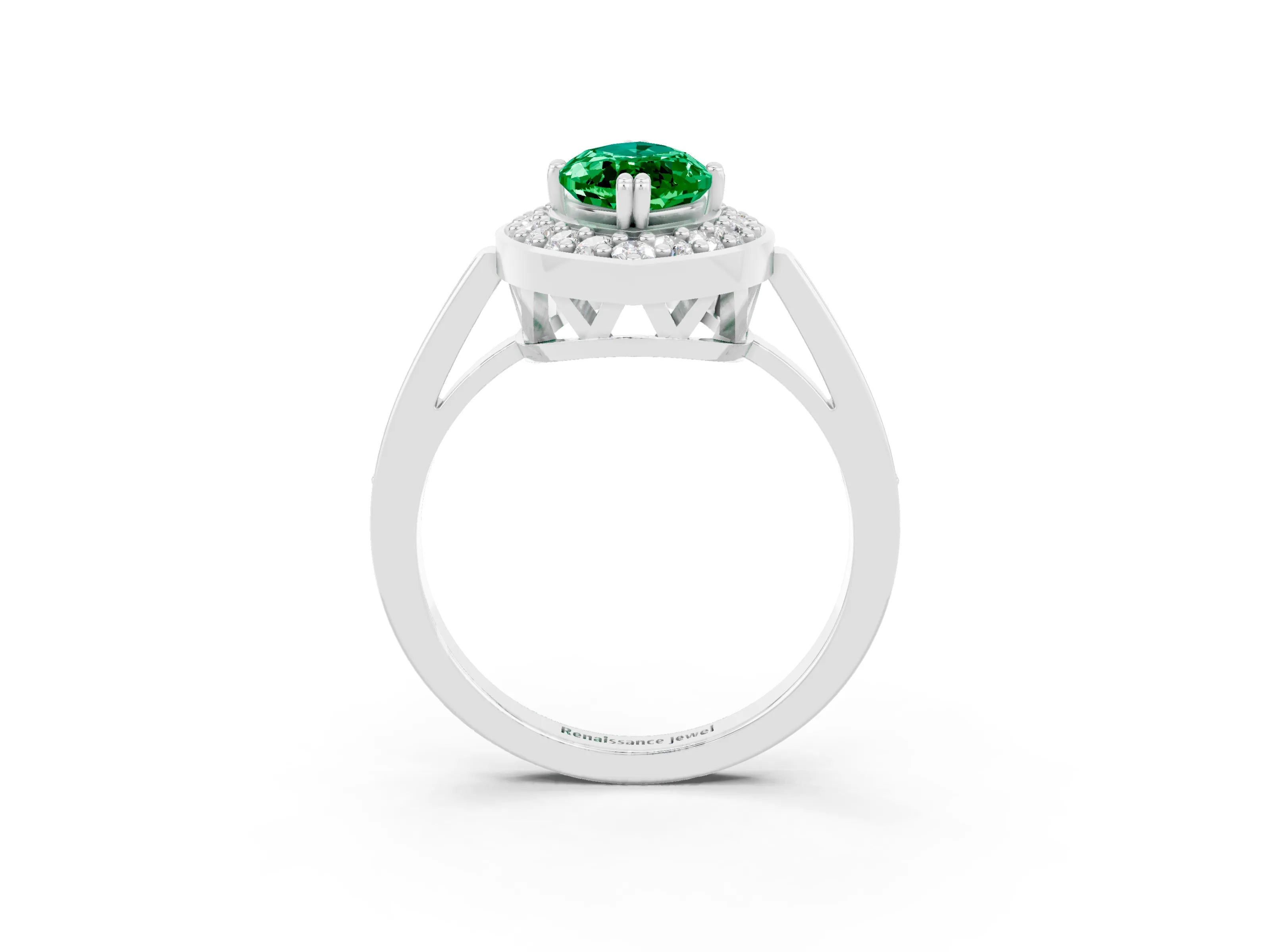 White gold Marquise Cut Emerald Halo Ring with Split Shank and Four-Prong Setting_3