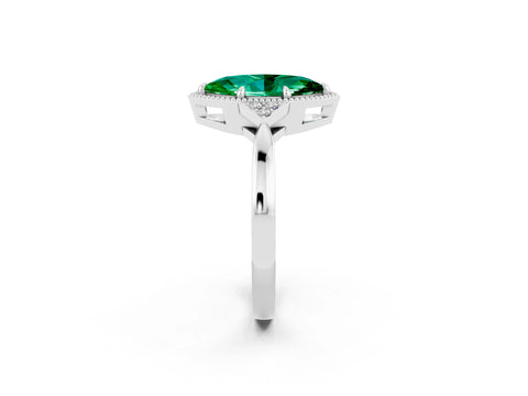 White gold Marquise Cut Emerald Halo Ring with Tapered Band and Four-Prong Setting_2
