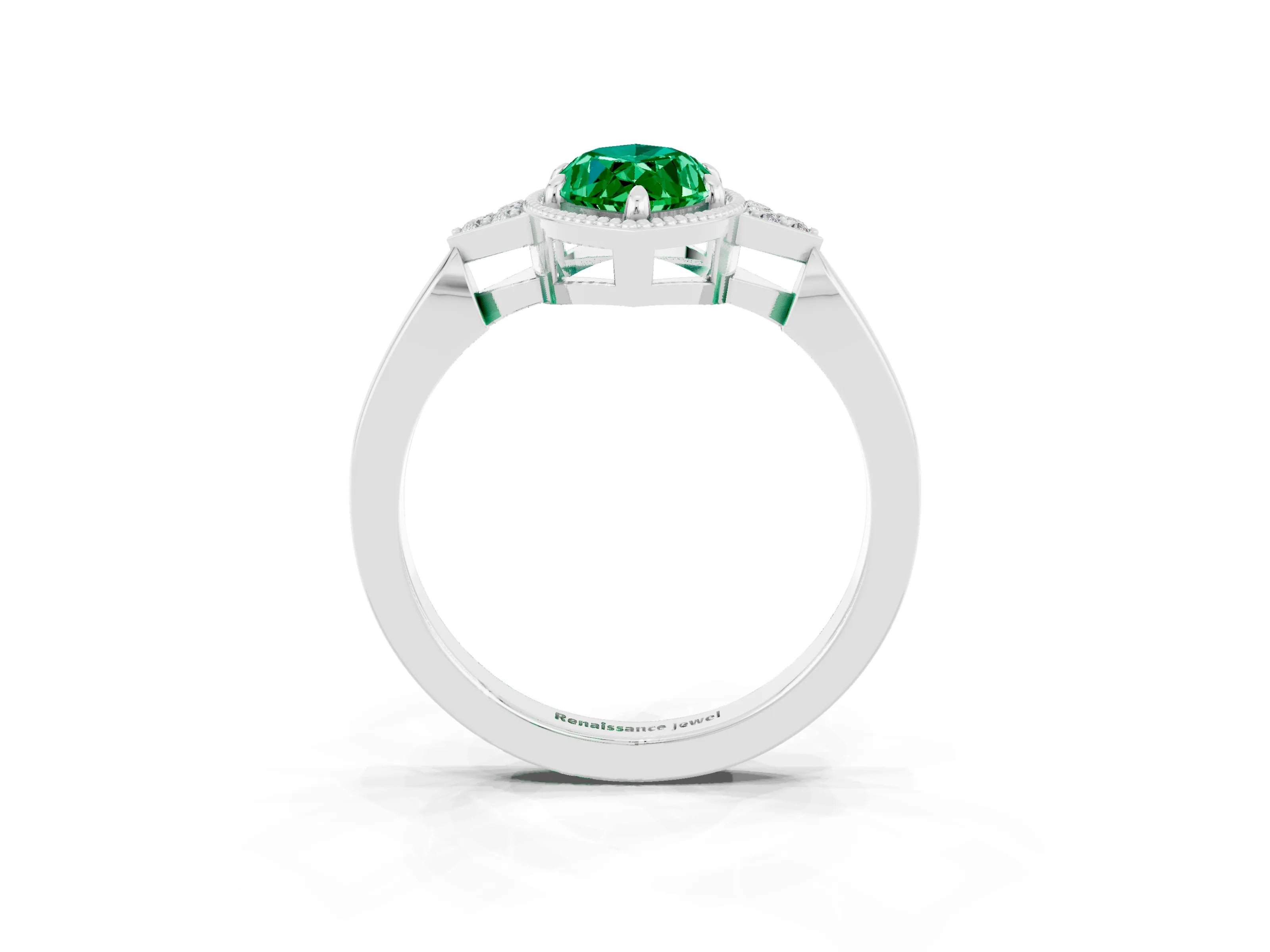 White gold Marquise Cut Emerald Halo Ring with Tapered Band and Four-Prong Setting_3