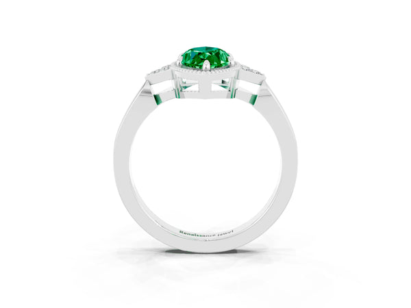 White gold Marquise Cut Emerald Halo Ring with Tapered Band and Four-Prong Setting