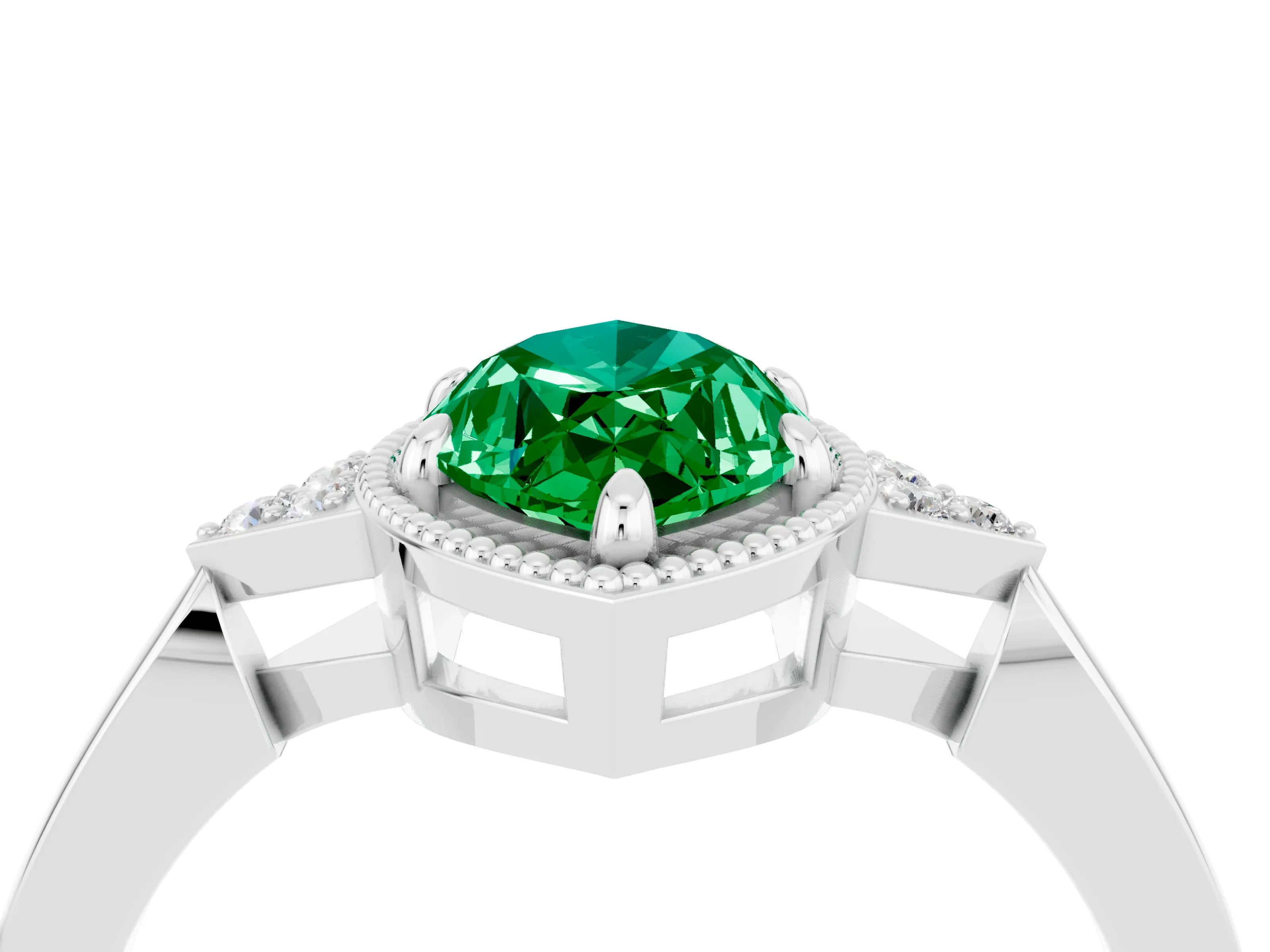 White gold Marquise Cut Emerald Halo Ring with Tapered Band and Four-Prong Setting_4
