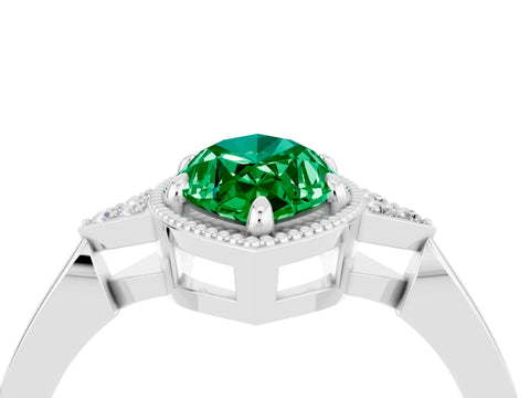 White gold Marquise Cut Emerald Halo Ring with Tapered Band and Four-Prong Setting_4