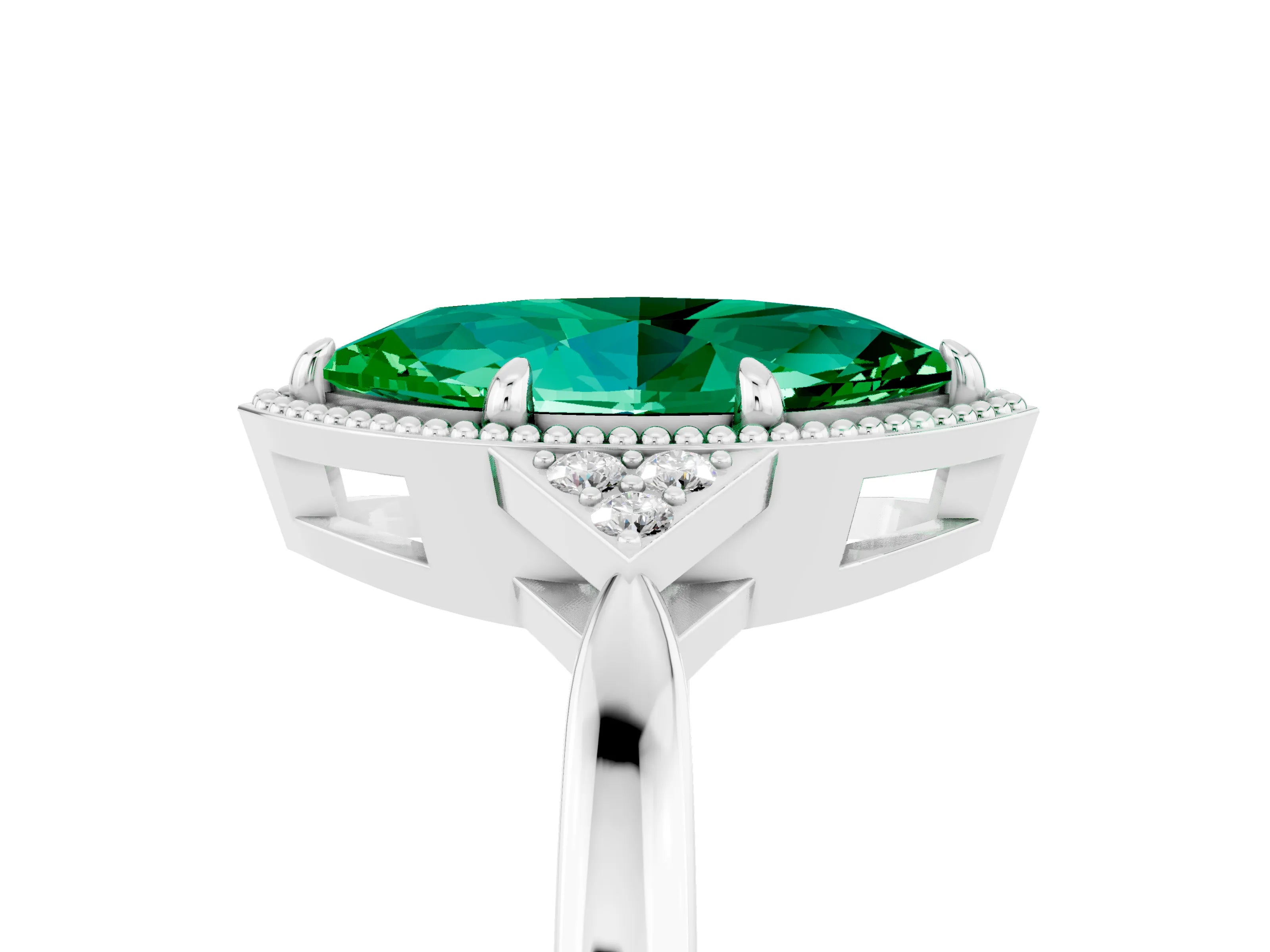 White gold Marquise Cut Emerald Halo Ring with Tapered Band and Four-Prong Setting_5