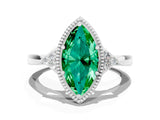 White gold Marquise Cut Emerald Halo Ring with Tapered Band and Four-Prong Setting