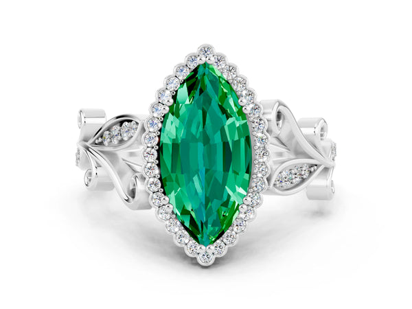 Platinum Marquise Cut Emerald Halo Ring with Vintage Split Shank and Four-Prong Setting