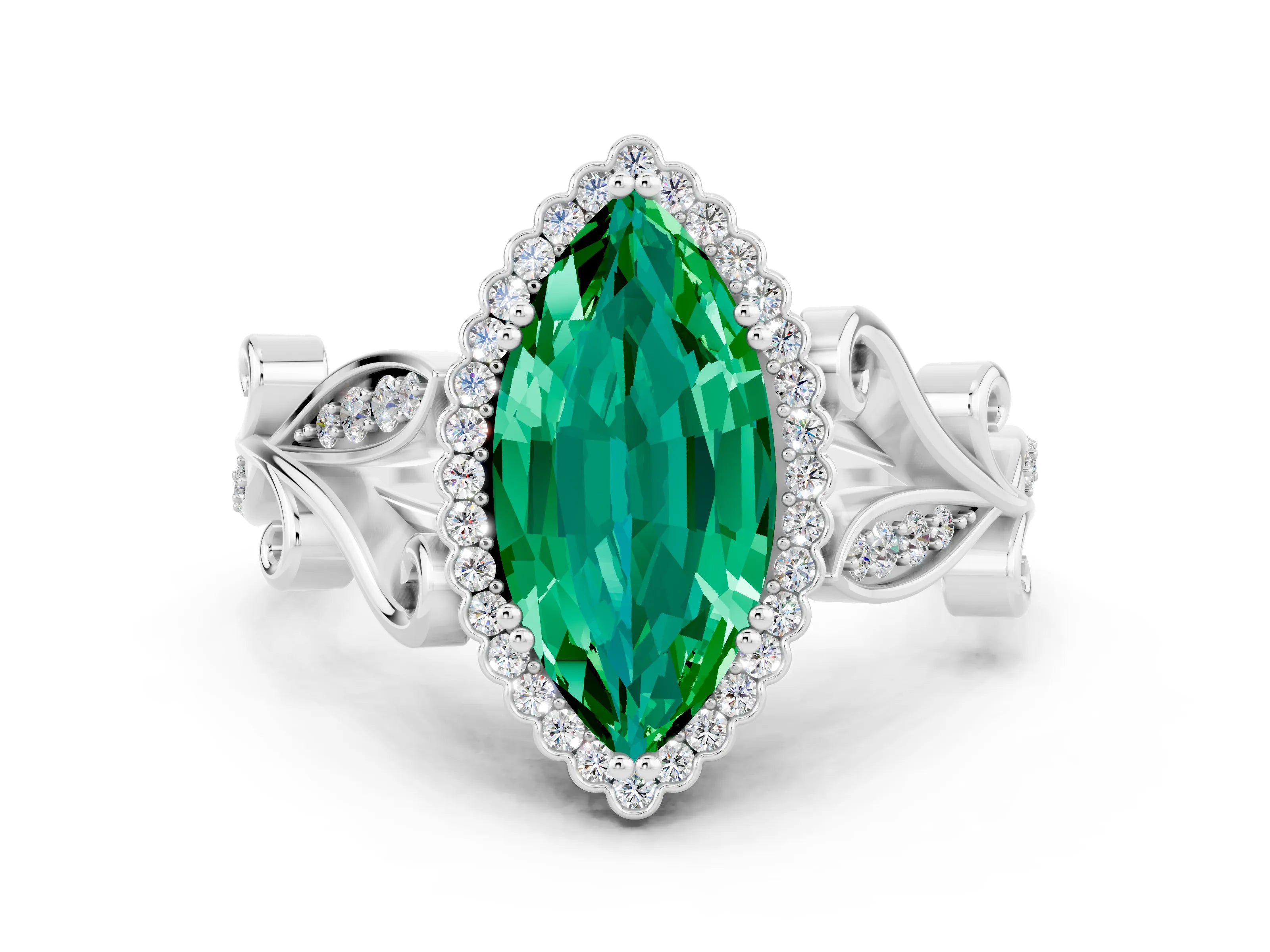 White gold Marquise Cut Emerald Halo Ring with Vintage Split Shank and Four-Prong Setting_24
