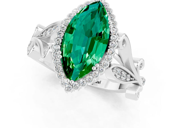 White gold Marquise Cut Emerald Halo Ring with Vintage Split Shank and Four-Prong Setting