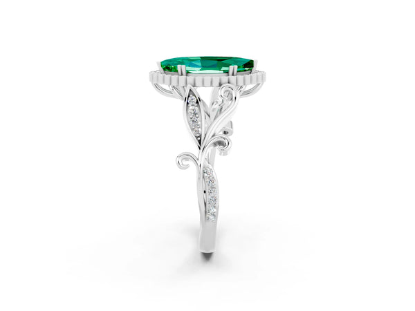 Platinum Marquise Cut Emerald Halo Ring with Vintage Split Shank and Four-Prong Setting