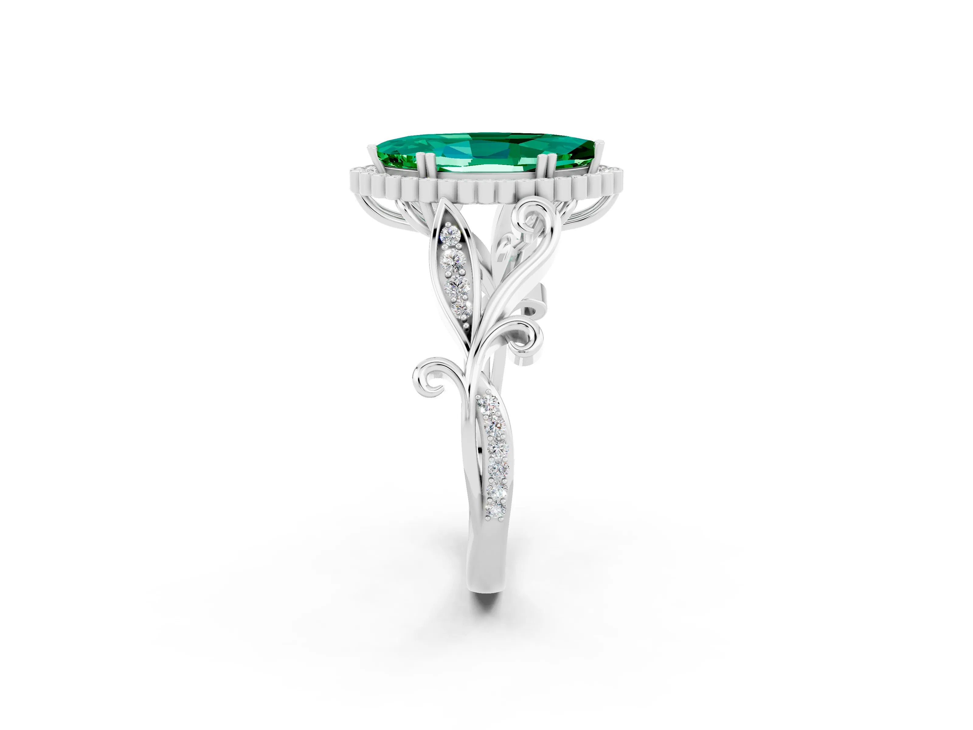 White gold Marquise Cut Emerald Halo Ring with Vintage Split Shank and Four-Prong Setting_26