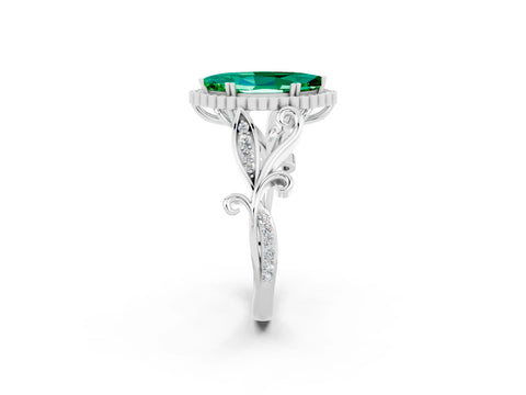 White gold Marquise Cut Emerald Halo Ring with Vintage Split Shank and Four-Prong Setting_26