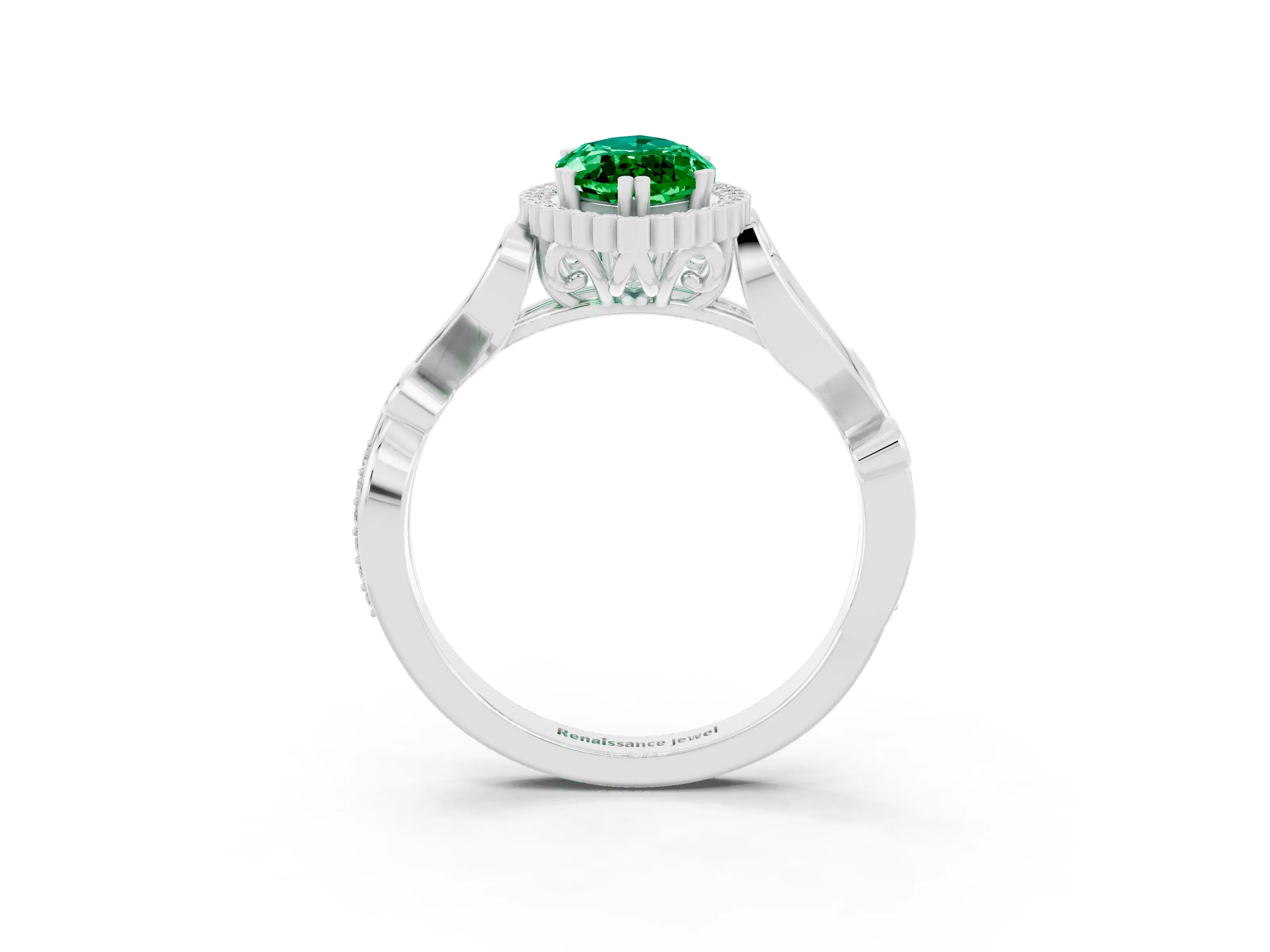 White gold Marquise Cut Emerald Halo Ring with Vintage Split Shank and Four-Prong Setting_27