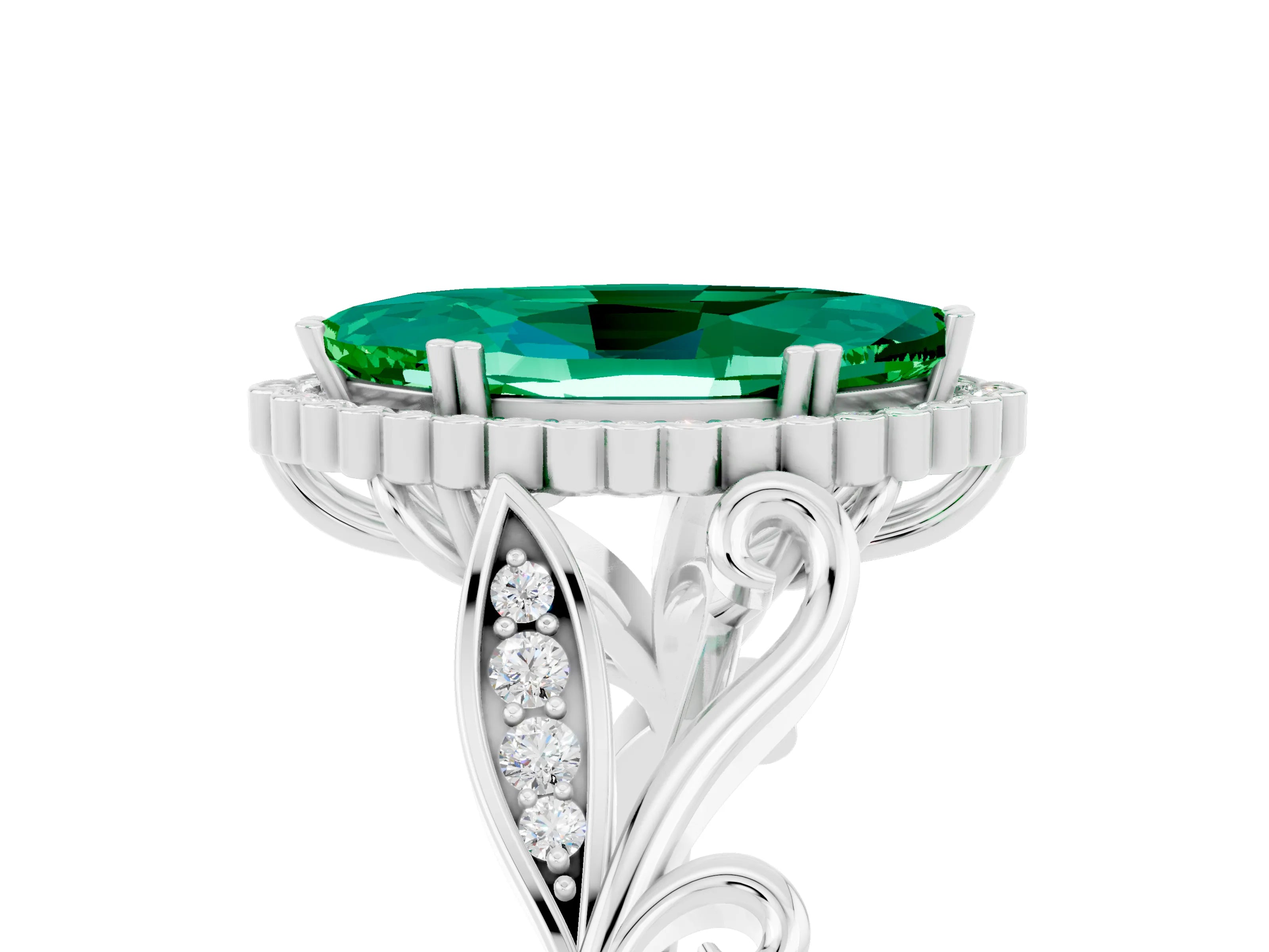 White gold Marquise Cut Emerald Halo Ring with Vintage Split Shank and Four-Prong Setting_29