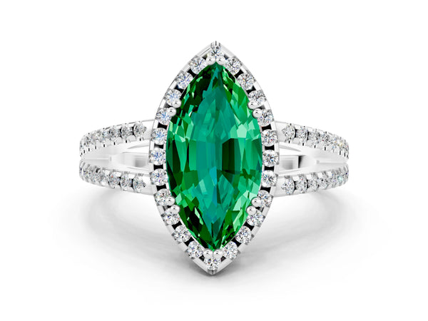 Platinum Marquise Cut Emerald Halo Split Shank Engagement Ring