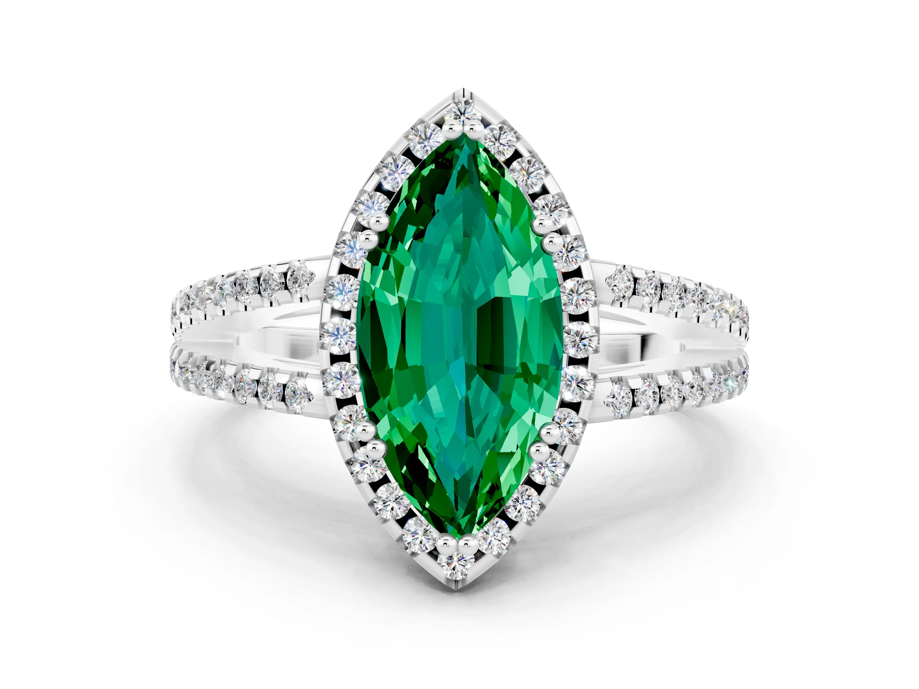 White gold Marquise Cut Emerald Halo Split Shank Engagement Ring_12