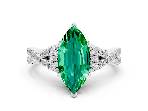 White gold Marquise Cut Emerald  Halo Twist Band Solitaire Prong Setting Ring