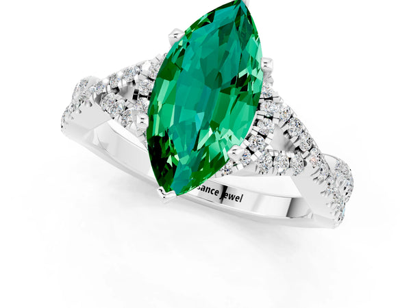 White gold Marquise Cut Emerald  Halo Twist Band Solitaire Prong Setting Ring