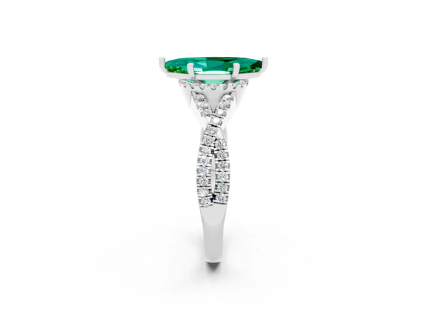 White gold Marquise Cut Emerald  Halo Twist Band Solitaire Prong Setting Ring
