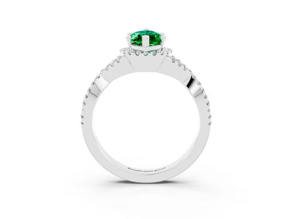 White gold Marquise Cut Emerald  Halo Twist Band Solitaire Prong Setting Ring