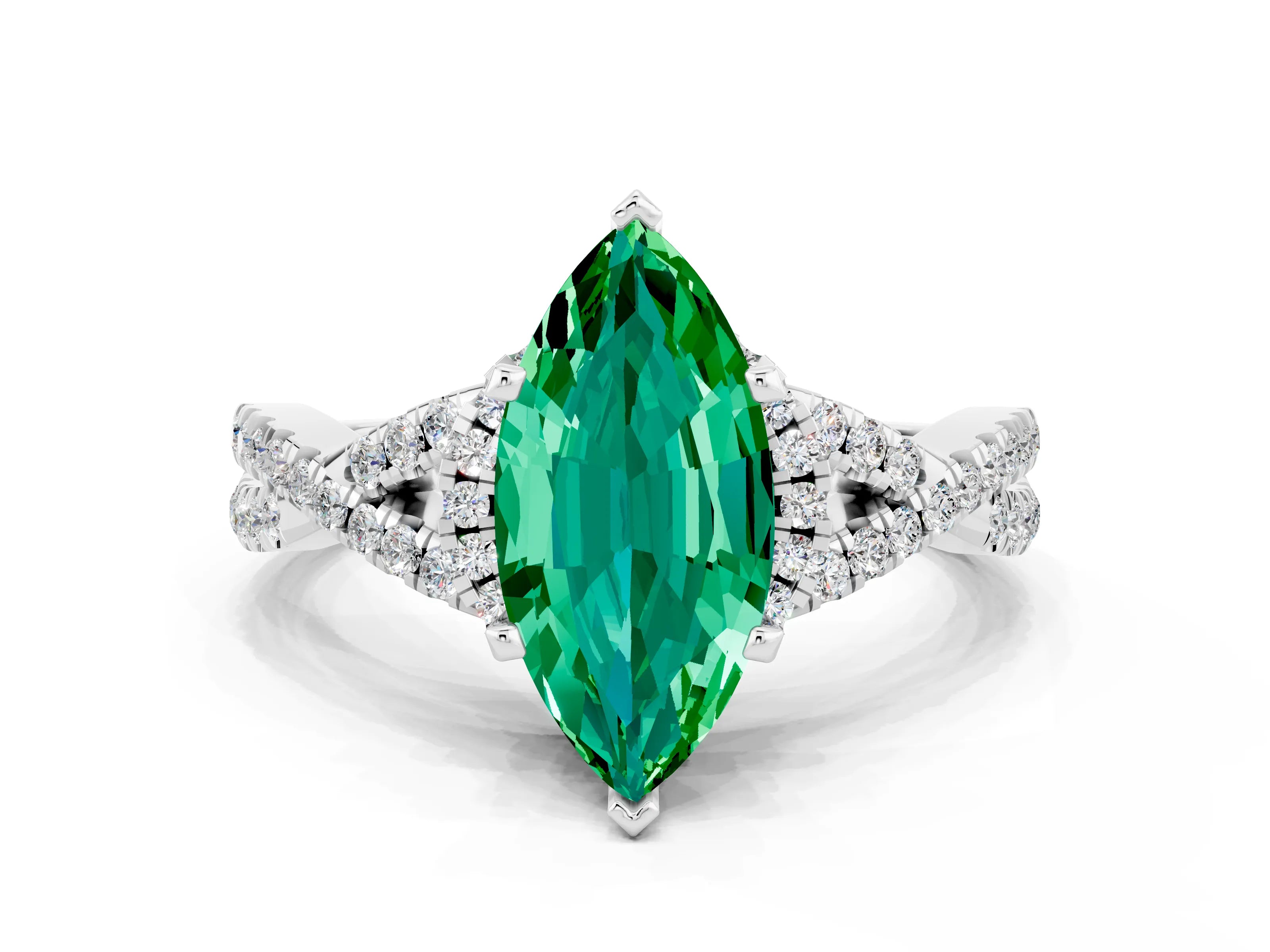 White gold Marquise Cut Emerald Halo Twist Band Solitaire Prong Setting Ring