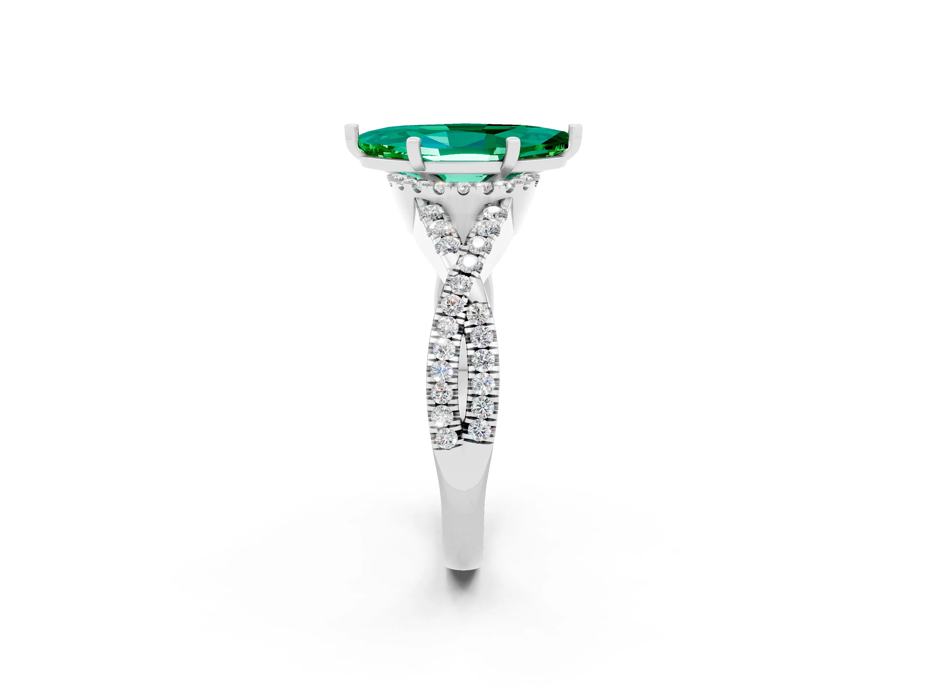 White gold Marquise Cut Emerald Halo Twist Band Solitaire Prong Setting Ring_2