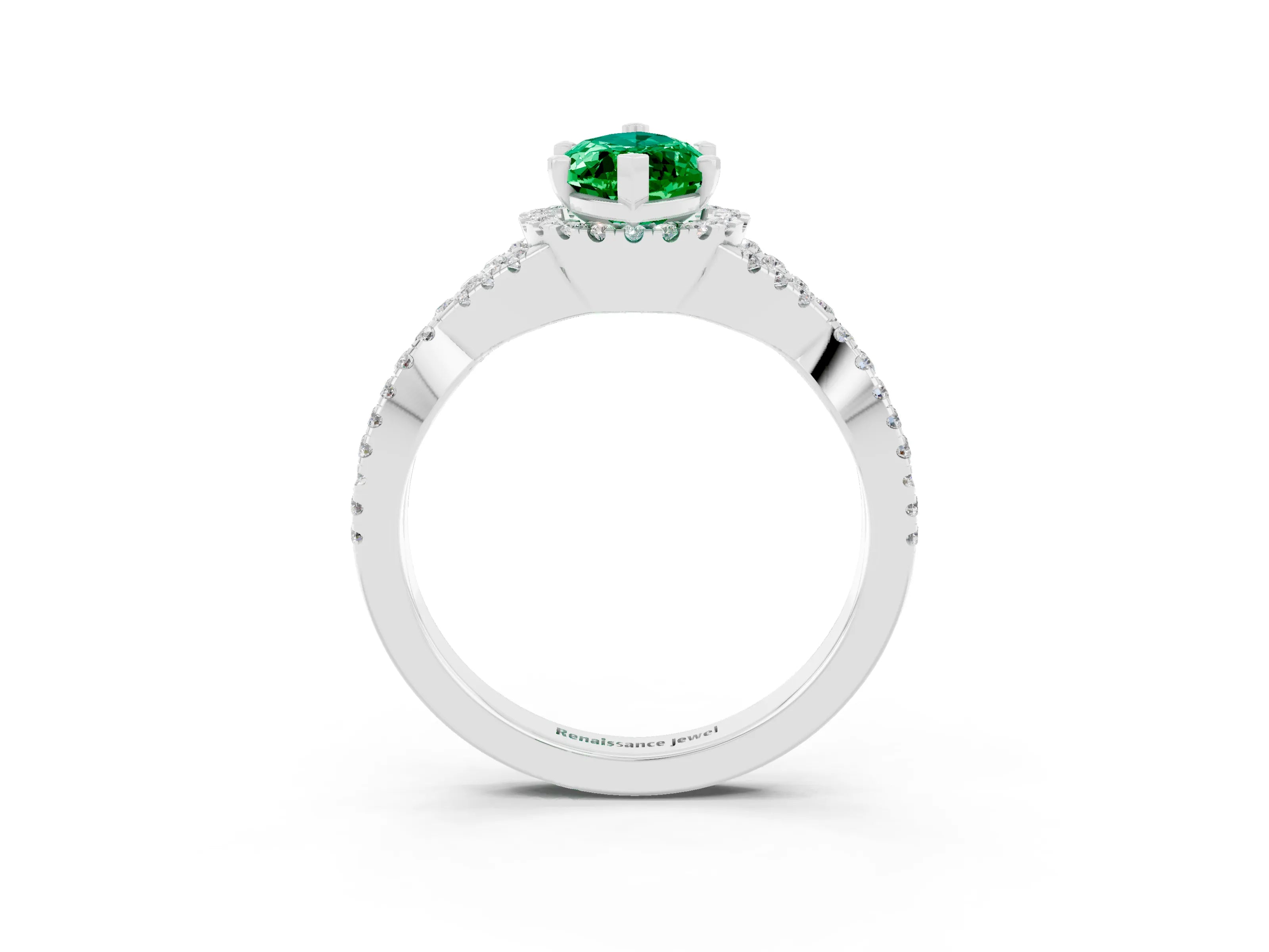 White gold Marquise Cut Emerald Halo Twist Band Solitaire Prong Setting Ring_3