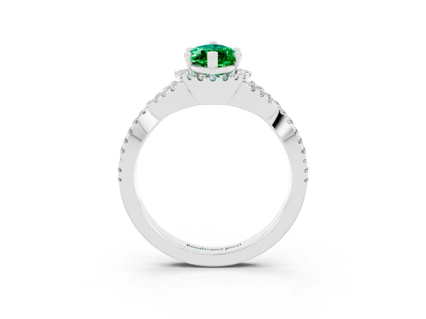 Silver Marquise Cut Emerald  Halo Twist Band Solitaire Prong Setting Ring