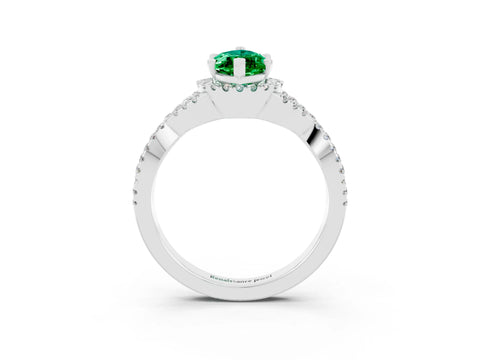 White gold Marquise Cut Emerald Halo Twist Band Solitaire Prong Setting Ring_3