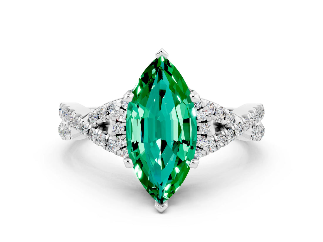 White gold Marquise Cut Emerald  Halo Twist Band Solitaire Prong Setting Ring_48