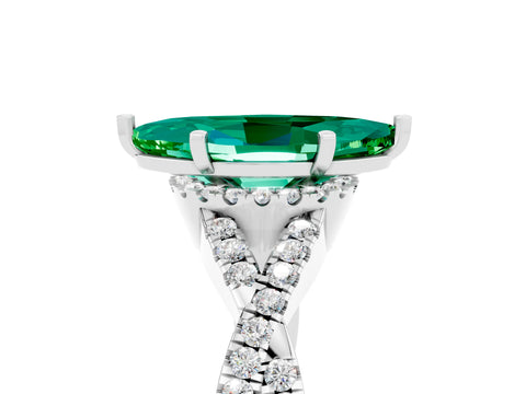 White gold Marquise Cut Emerald Halo Twist Band Solitaire Prong Setting Ring_5