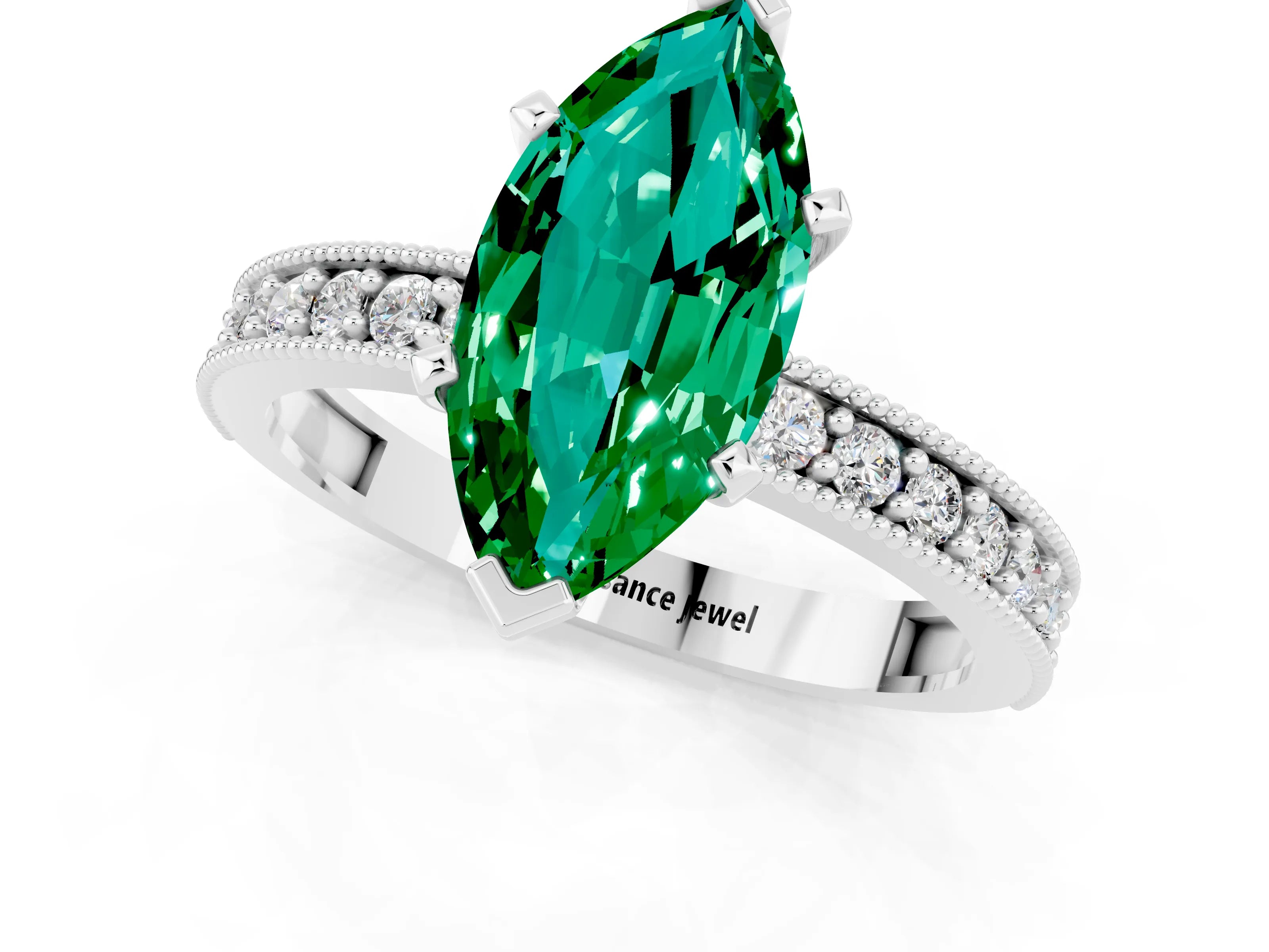 White gold Marquise Cut Emerald Milgrain Pavé Engagement Ring with Four-Prong Setting_1