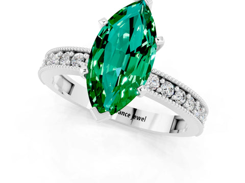White gold Marquise Cut Emerald Milgrain Pavé Engagement Ring with Four-Prong Setting_1