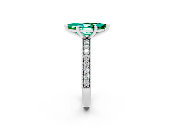 Platinum Marquise Cut Emerald Milgrain Pavé Engagement Ring with Four-Prong Setting