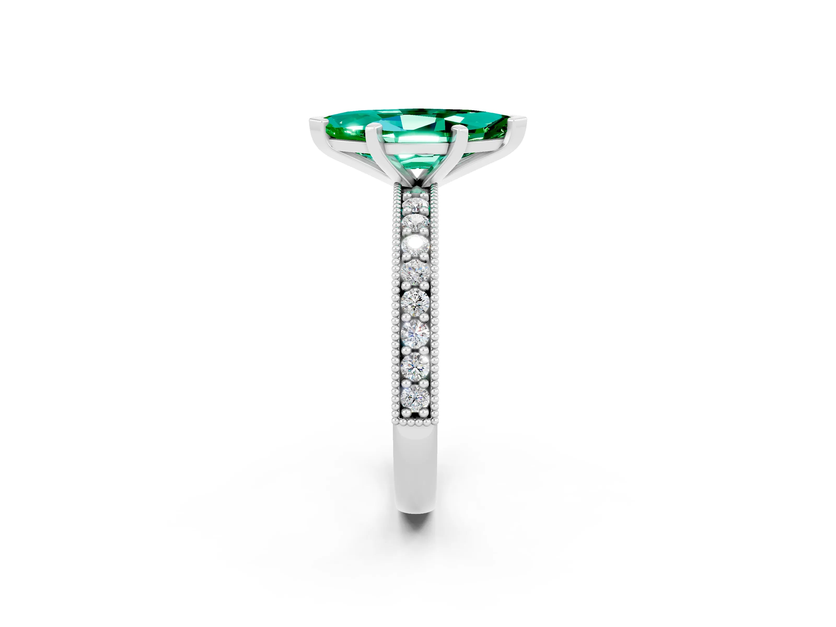 White gold Marquise Cut Emerald Milgrain Pavé Engagement Ring with Four-Prong Setting_2