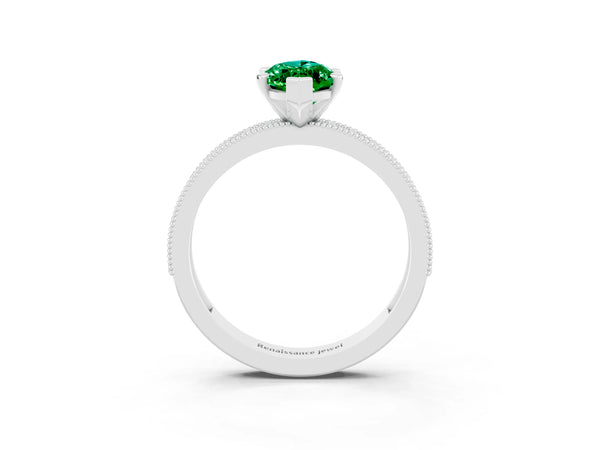 Silver Marquise Cut Emerald Milgrain Pavé Engagement Ring with Four-Prong Setting