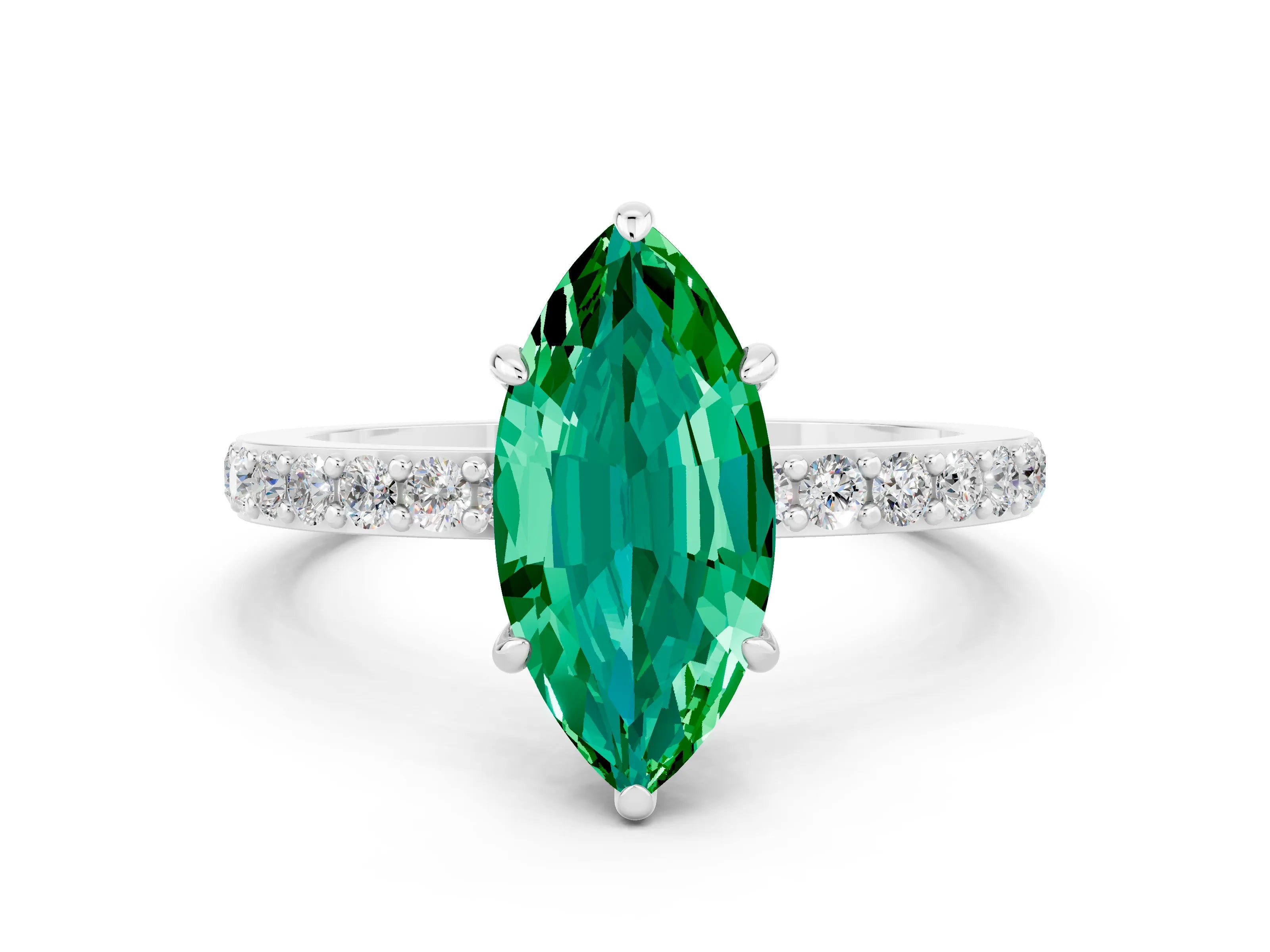 White gold Marquise Cut Emerald Pavé Engagement Ring with Round  Accents and Prong Setting_24