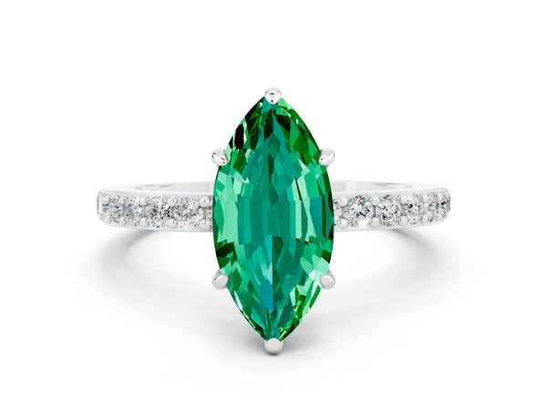 White gold Marquise Cut Emerald Pavé Engagement Ring with Round  Accents and Prong Setting